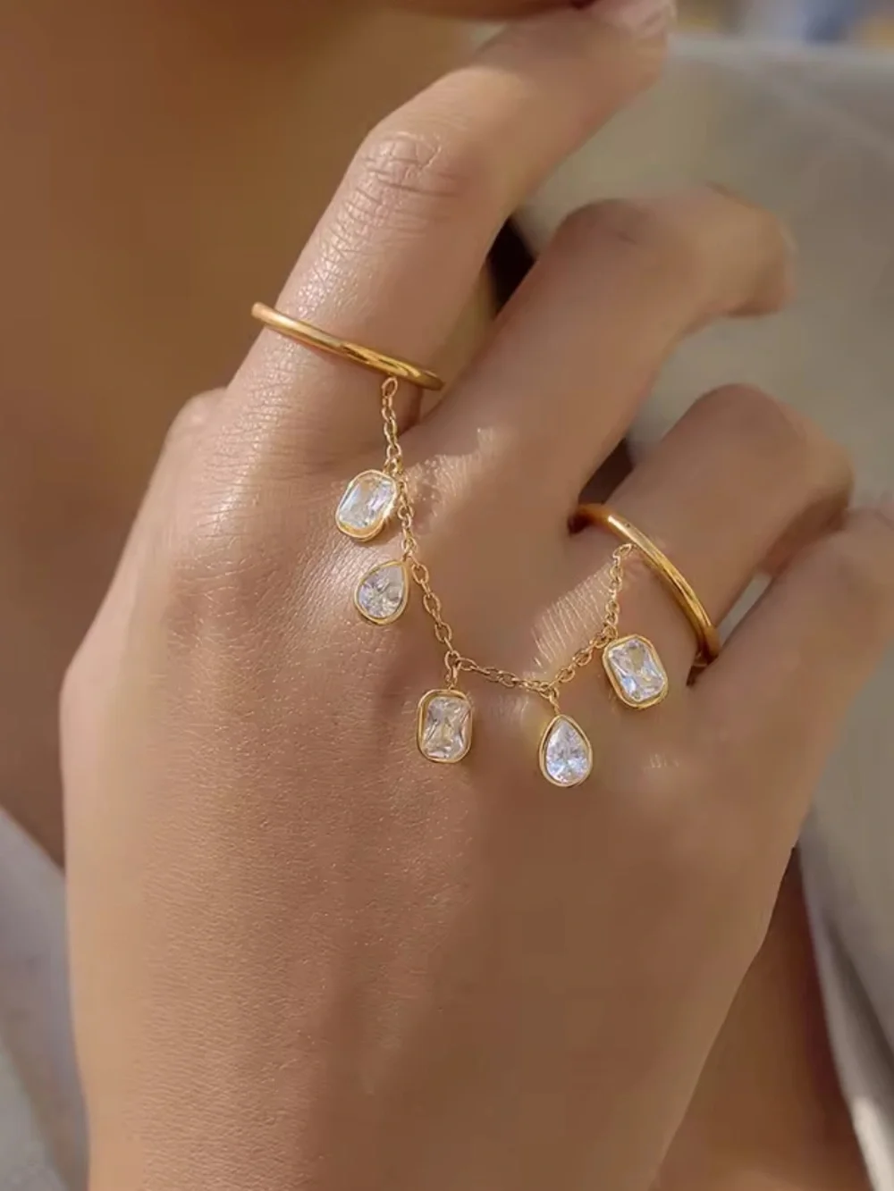 Gold Chain Ring with Clear Crystal Drops - Women's Jewelry